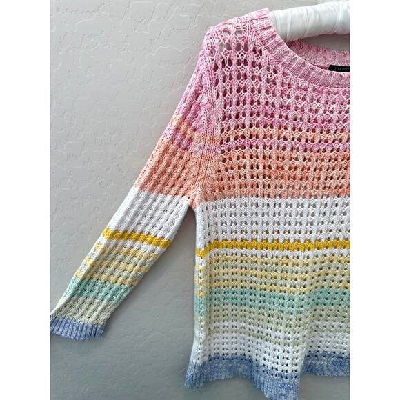 TALBOTS Rainbow Open Knit Sweater Cotton Pastel Stripe Pullover | Petite Medium - Picture 3 of 6